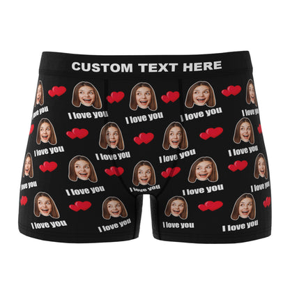 Flat-lay of personalised I Love You men's boxer shorts highlighting the custom face print on the waistband – ideal anniversary or birthday present
