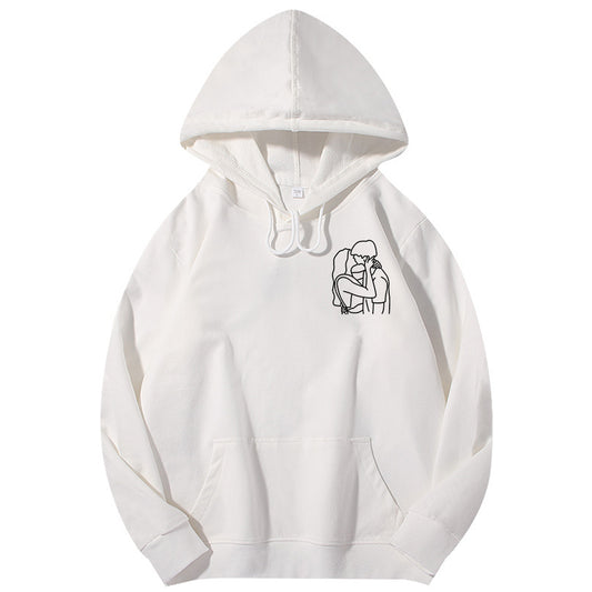 Front view of personalised embroidered hoodie with custom photo and text on mid-weight 250g cotton-spandex and cosy brushed inner lining