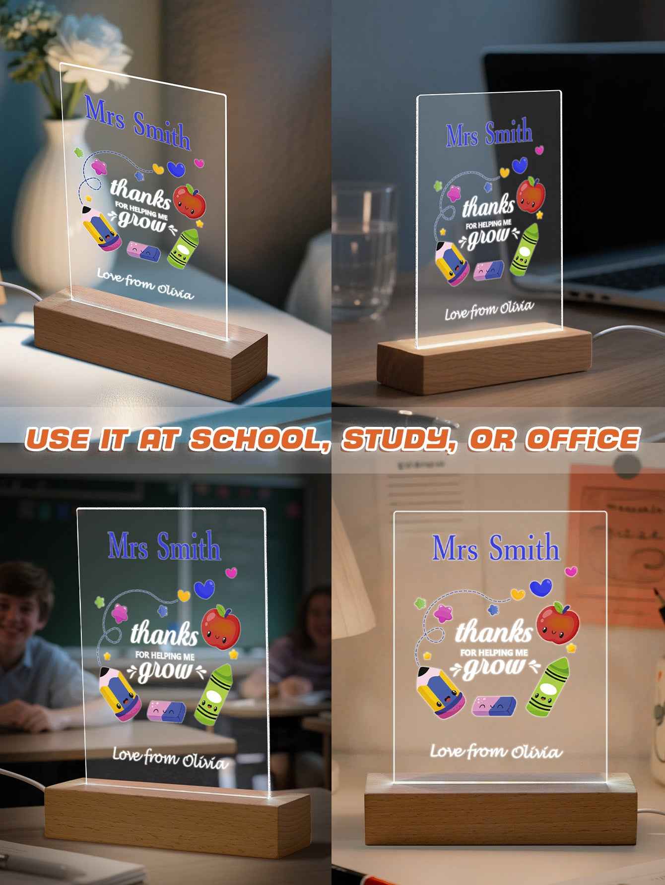 Custom Engraved Back to School Transparent Night Light with Pencil Design White Light Teacher's Day Gift