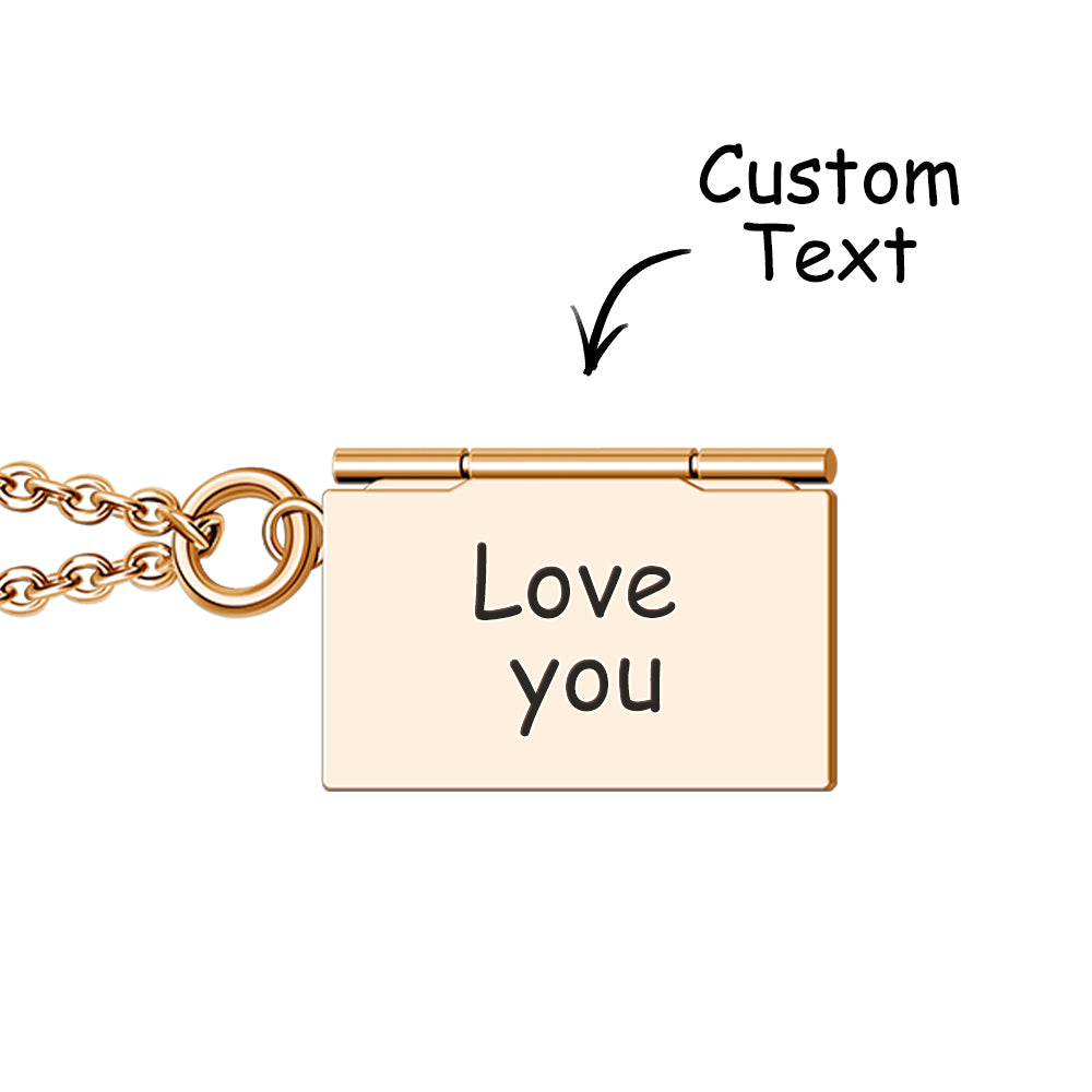 Three colour options of personalised envelope locket necklace — silver, gold and rose gold stainless steel finishes for a custom engraved photo keepsake