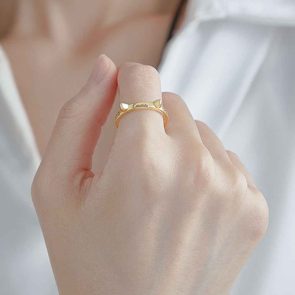 Custom Cat-Shaped Ring with Name Engraving - Adorable Birthday Gift for Cat and Pet Lovers