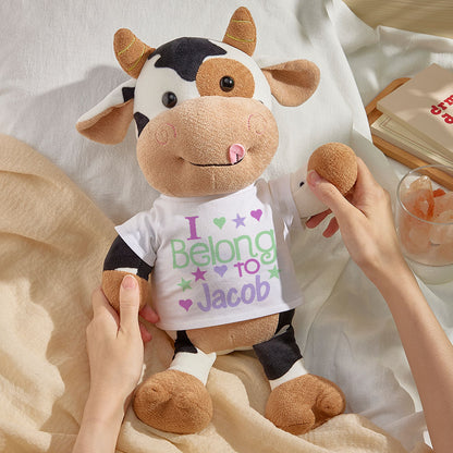 Personalised cow plush toy 31×40cm, handcrafted soft plush with embroidered name on a name patch — ideal baby shower gift and nursery keepsake