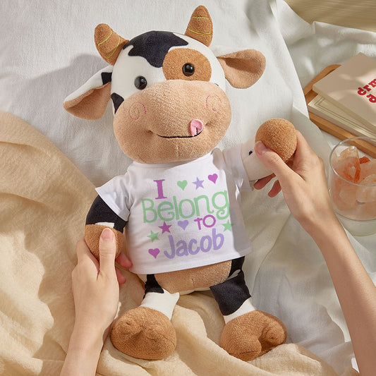 Personalised cow plush toy 31×40cm, handcrafted soft plush with embroidered name on a name patch — ideal baby shower gift and nursery keepsake