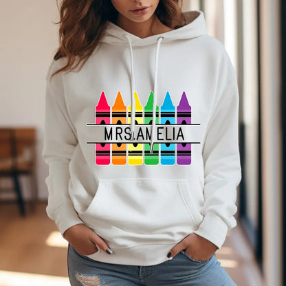 Personalised Crayon Hooded Sweatshirt — Custom Name Teacher Gift
