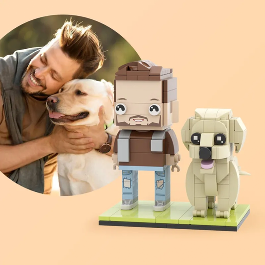 Personalised full-body brick figure with dog — customisable small-particle block toy capturing hairstyle, expression, clothing and a simple pose