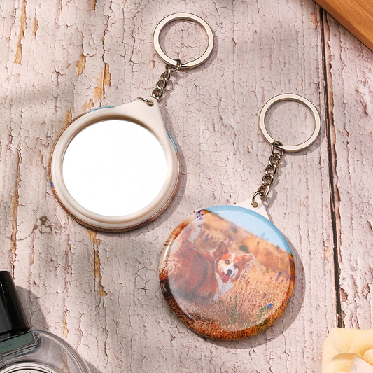 Personalised photo keyring with round mirror – compact 5.8 cm iron keyring showing custom photo front and mirror back, perfect gift for her for Mother’s Day, Valentine’s or graduation