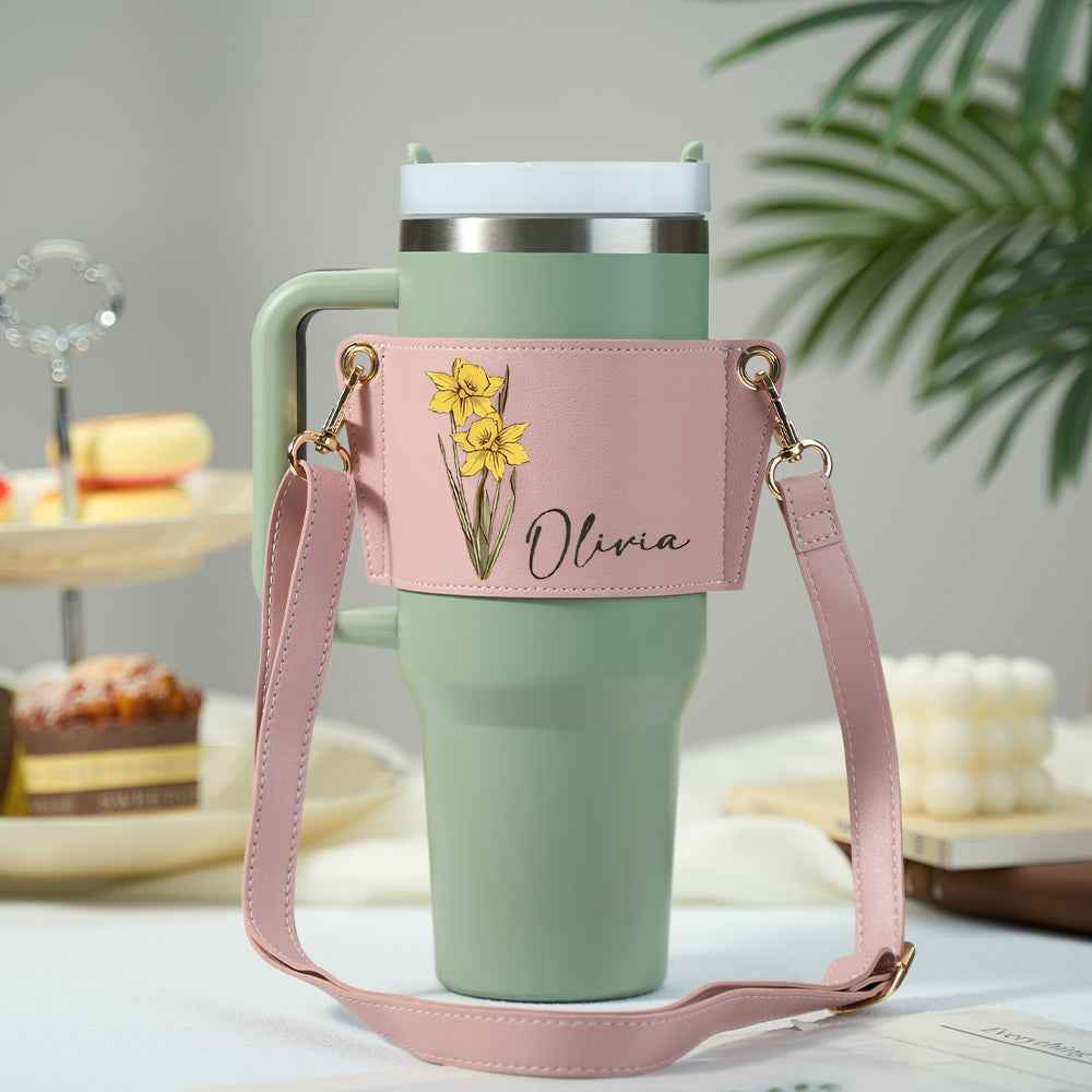 Personalized Birth Flower Water Bottle Carrier Bag for 40oz Stanley Tumbler with Adjustable Strap Gift for Her