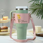 Adjustable PU leather strap and buckle detail on a personalised birth flower carrier for a 40oz Stanley tumbler