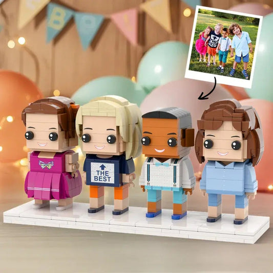 Personalised full‑body 4‑person custom brick figures made from ABS small‑particle blocks, showing customised hairstyles, expressions and outfits — unique keepsake