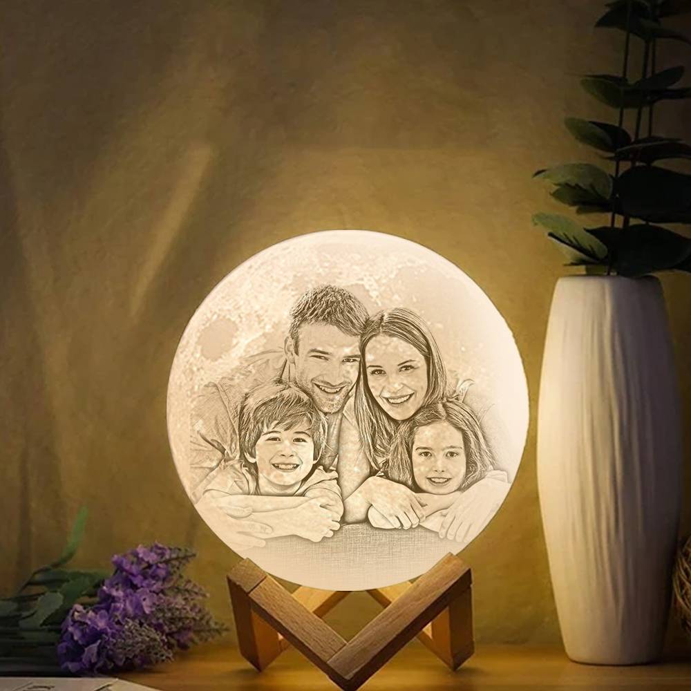 Lifestyle scene of personalised photo moon lamp creating cosy ambience in a bedroom, perfect as a heartfelt personalised gift for Mother's Day or Valentine's