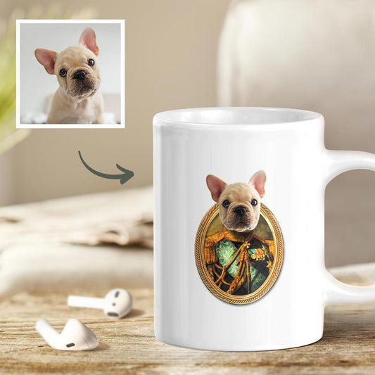 Personalised dog face mug — white ceramic coffee mug with full‑colour custom pet photo of a dog’s face, perfect personalised pet mug gift