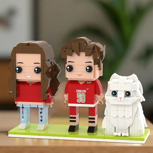 Custom Brick Figures of two people with a cat – personalised photo gift handcrafted from ABS eco-friendly material, capturing hairstyles, expressions and outfits