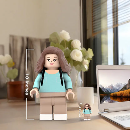 Side view of a personalised 3D printed minifigure highlighting hairstyle and lifelike facial expression on a custom giant minifig