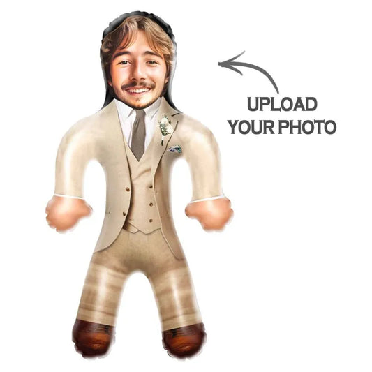 Close-up of the custom face on the inflatable PVC doll, showing high-resolution print for personalised gifts.