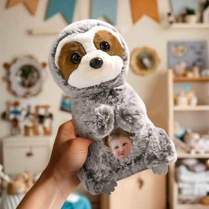 Main personalised sloth plush with custom face and personalised text on belly, soft plush & PP cotton 14cm x 25cm gift for kids