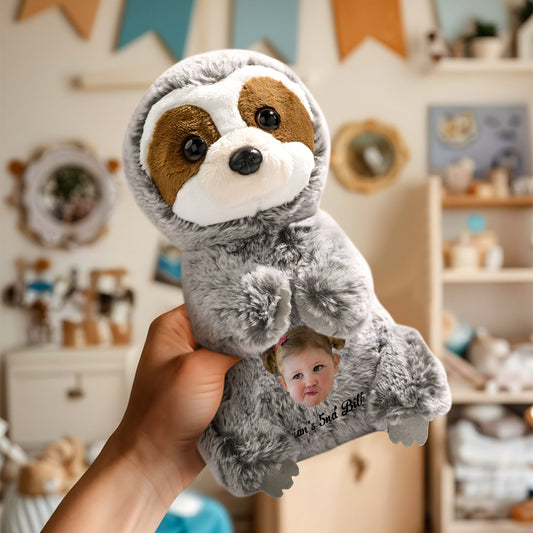 Main personalised sloth plush with custom face and personalised text on belly, soft plush & PP cotton 14cm x 25cm gift for kids