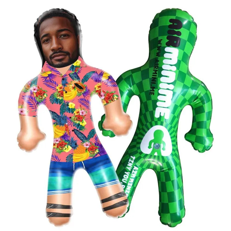 Side view of personalised inflatable doll in tropical shirt