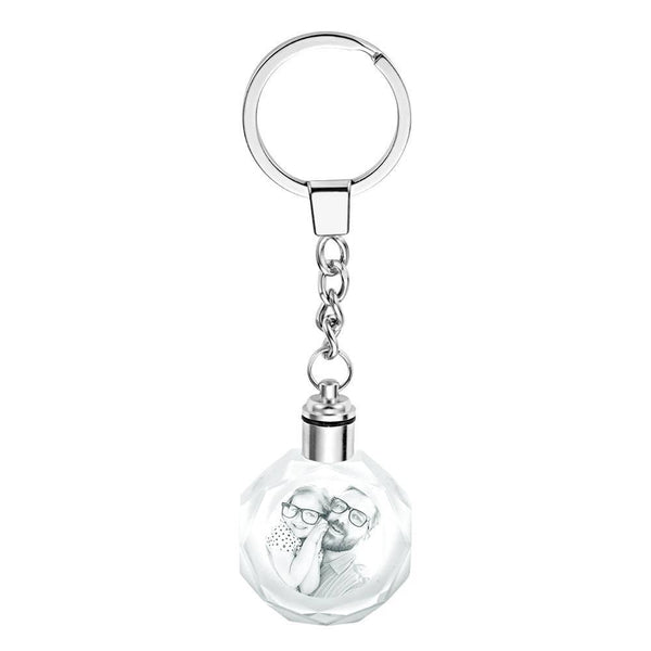 Close-up of octagon crystal keyring showing clear polished finish and sturdy thickened ring buckle — durable personalised keyring