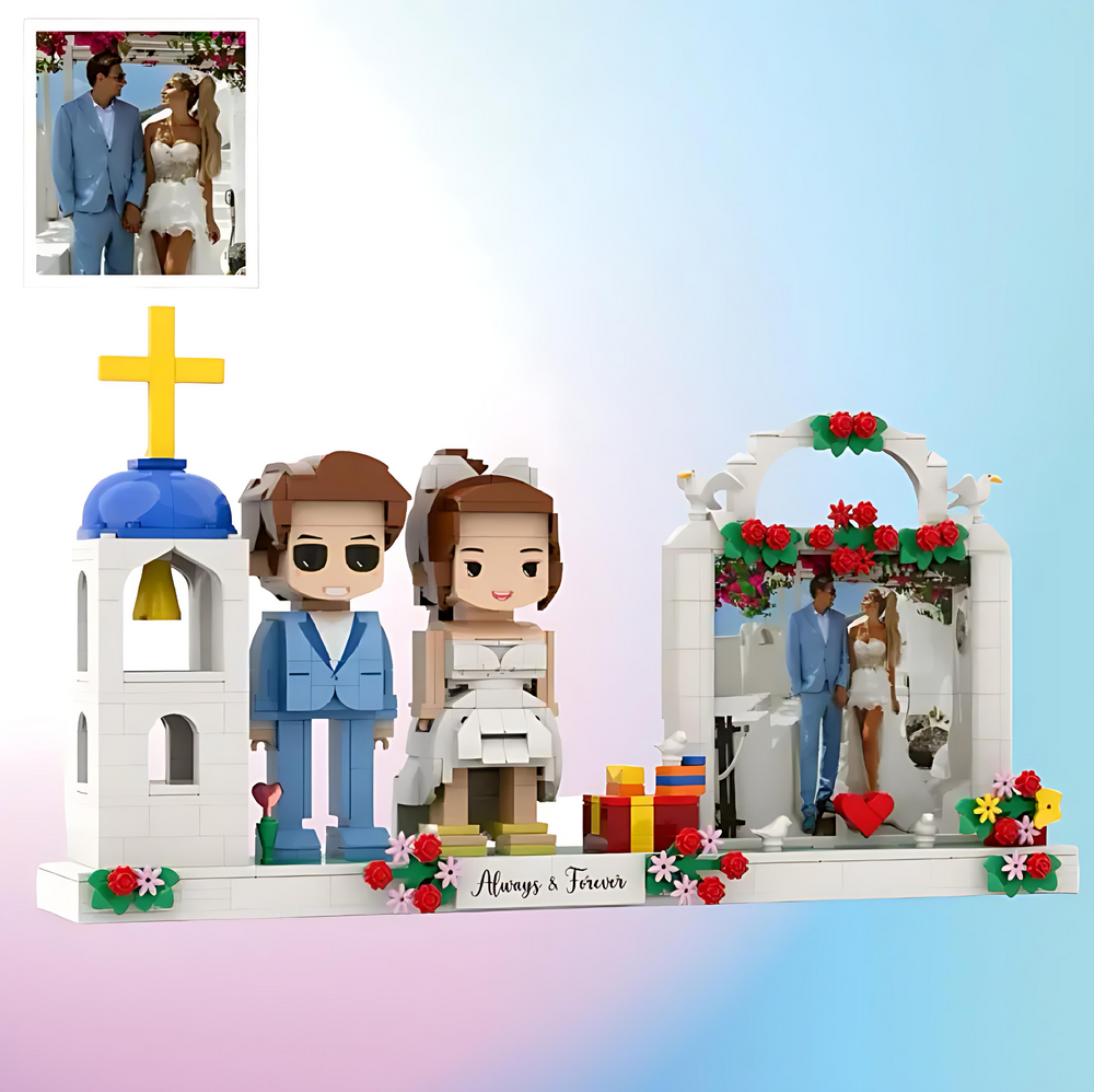 Full-body Custom 2 People Cute Brick Figures with Photo Frame Church Wedding Gift for Couple