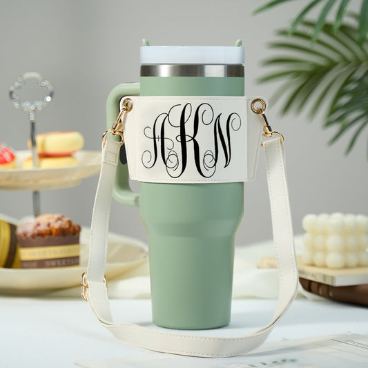 Personalised monogram PU leather water bottle carrier for 40oz Stanley tumbler with adjustable strap for hands-free crossbody wear