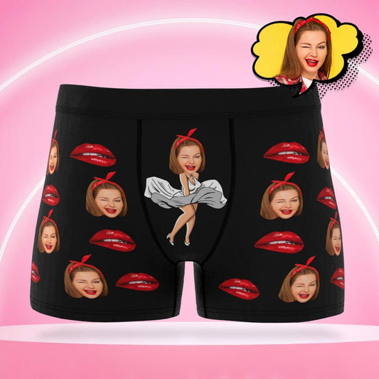 Personalised men's boxer shorts with custom lips and face photo print — novelty custom boxer briefs gift for him, ideal for Valentine's or anniversaries