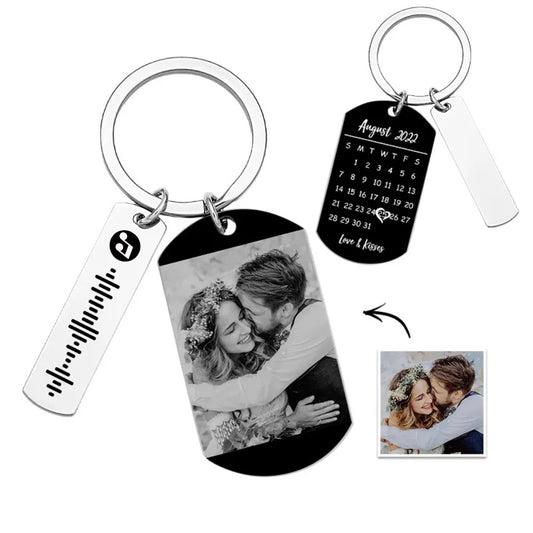 Personalised stainless steel photo calendar keyring showing full-colour couples photo and scannable music code – custom Valentine's Day gift