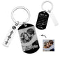 Personalised stainless steel photo calendar keyring showing full-colour couples photo and scannable music code – custom Valentine's Day gift