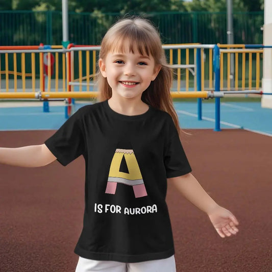 Personalised Back to School Pencil T-shirt front view with custom name — perfect first day of school gift for kids