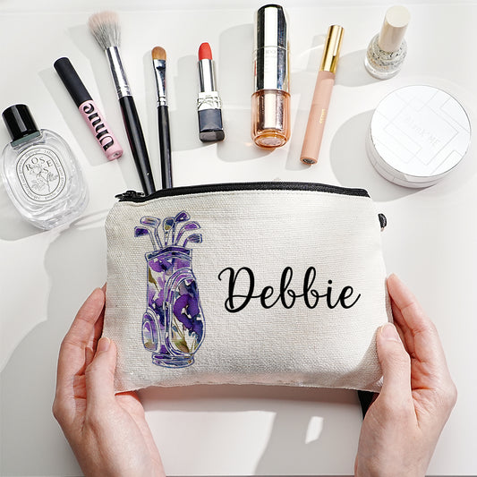 Personalised golf make-up bag front view — canvas cosmetics pouch with golf‑bag motif and custom name, ideal travel make-up bag for golfers