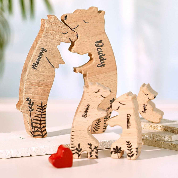 Custom Name Wooden Heart Bear Puzzle – Personalized Family Gift