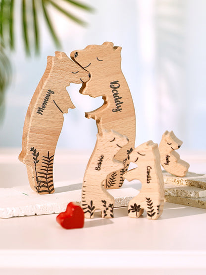 Personalised wooden heart bear puzzle displayed on a mantelpiece – engraved family names, ideal personalised home décor