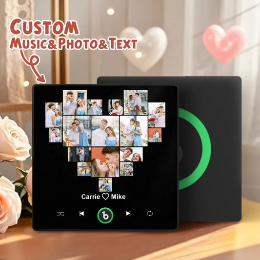 FridgeBeats personalised framed photo music fridge magnet – Name & Heart design with colourful frame showcasing a custom photo and name