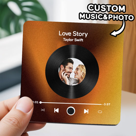 Personalised Photo Music Fridge Magnet with custom photo — plays your song when the fridge door opens; acrylic 10×10×1cm, rechargeable Type-C, perfect gift for her