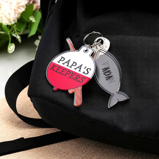 Personalised 'Papa's Keeper' fishing rod acrylic keyring with fish charm — clear glossy finish, custom name gift for Dad or grandad