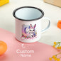 Colourful gradient initial and custom name on personalised bunny enamel mug — eye-catching personalised Easter gift for kids