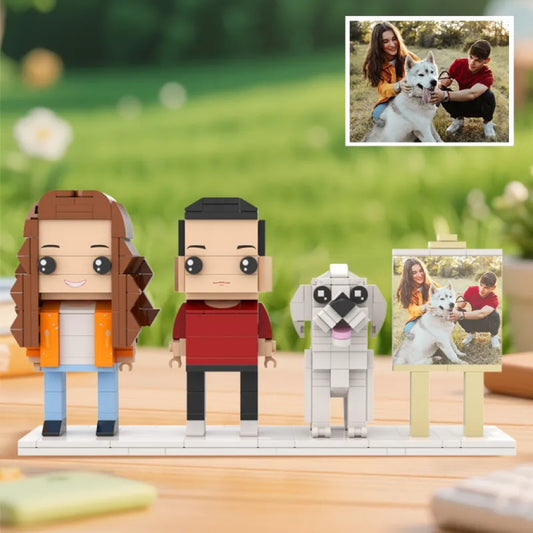 Framed personalised full-body brick-figure portrait of two people and a cute dog – handmade eco-friendly ABS keepsake for anniversaries and birthdays