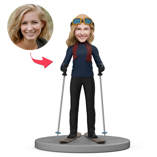 Custom skiing bobblehead with personalised face and engraved text, handmade polymer clay mini‑me skier – perfect gift for her