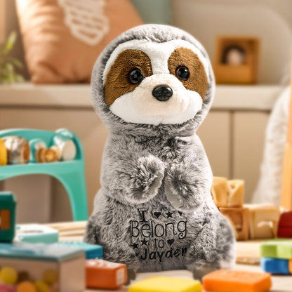 Personalised name sloth plush toy front view handcrafted soft plush with embroidered name ideal baby shower gift nursery décor 14cm x 25cm