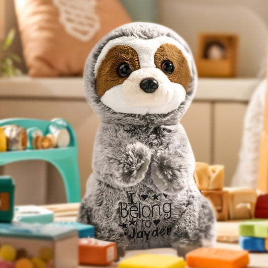Personalised name sloth plush toy front view handcrafted soft plush with embroidered name ideal baby shower gift nursery décor 14cm x 25cm