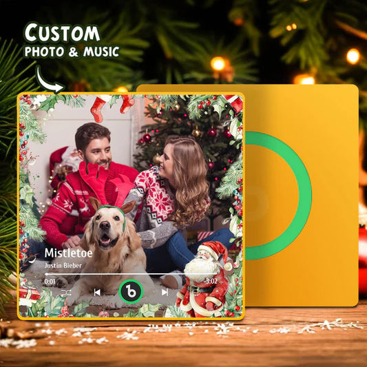 FridgeBeats framed personalised music fridge magnet showing a custom family photo and play button — playable Christmas gift