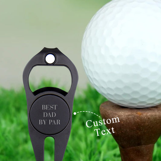 Personalised multipurpose golf ball marker & bottle opener in black — magnetic ball marker, club holder and zinc alloy keepsake gift for Dad, laser‑engraved