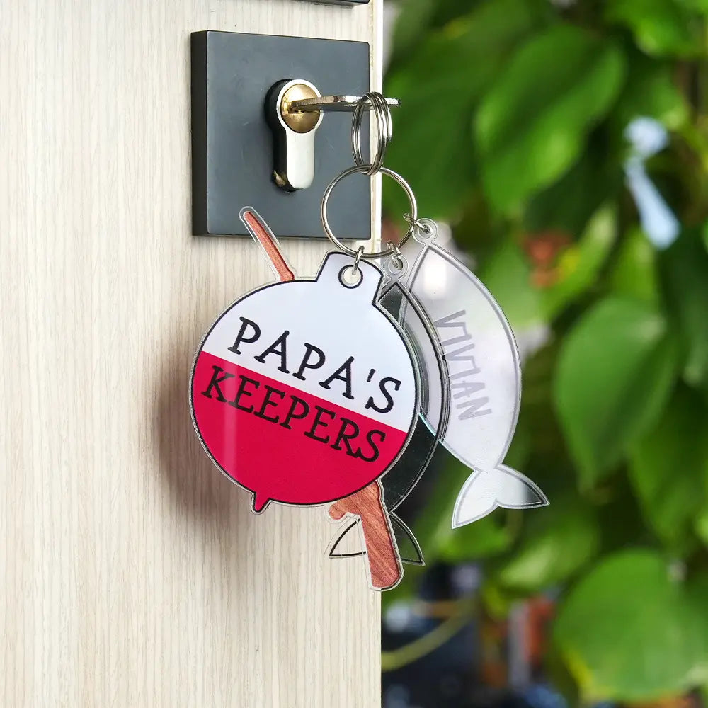 Pair of fishing rod and fish acrylic keyrings showing detailed printed artwork and customisable text — personalised fishing gift