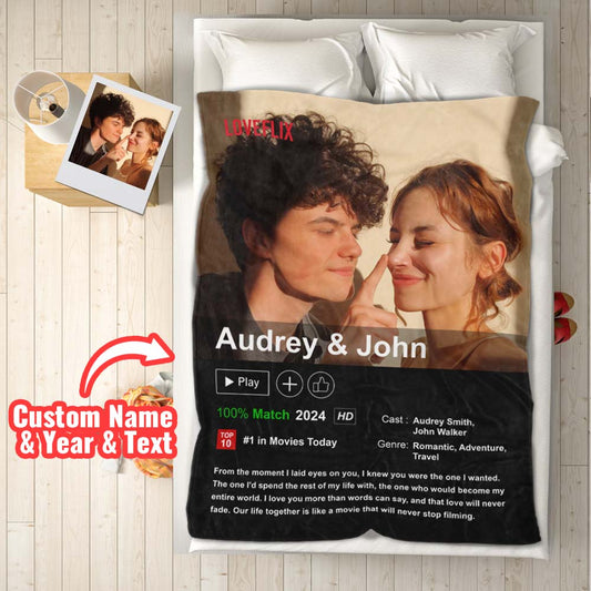 Personalised Loveflix-style couples movie poster photo blanket in soft flannel — custom anniversary or Valentine's gift