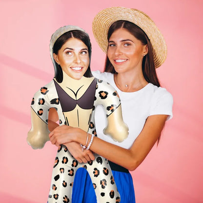 Personalised inflatable blow up doll with a custom face design from your photo, a fun party favour, made from PVC.