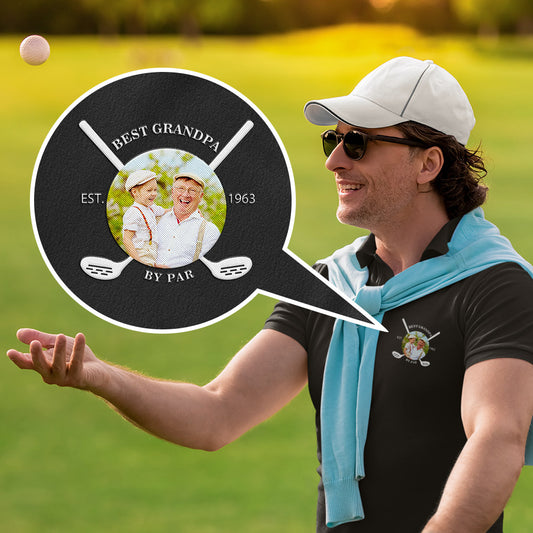 Front view of men's personalised golf polo in white with custom printed photo and name on the chest — personalised photo polo, custom golf shirt