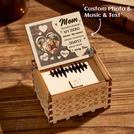 Personalised Photo Music Box – wooden keepsake with custom photo on the lid, engraved name and MP3 audio playback, ideal personalised gift