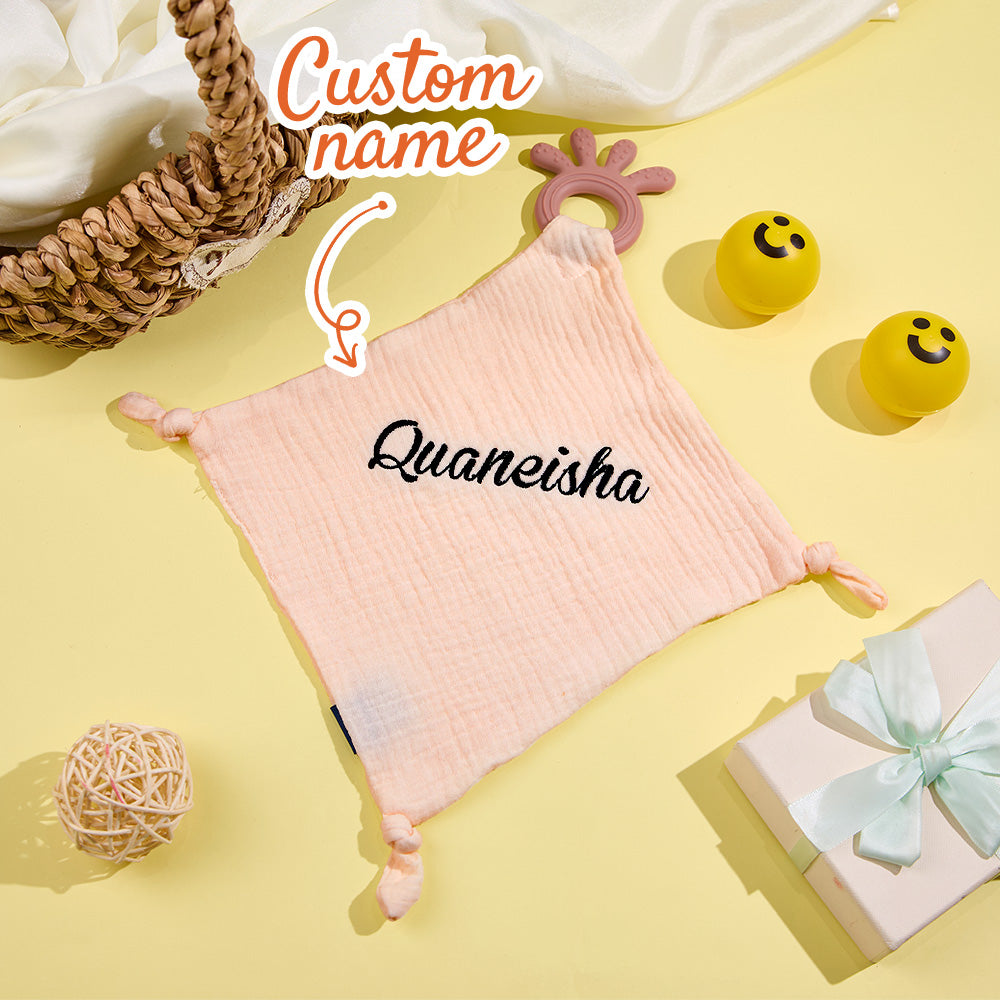 Personalised Soothe Towel flat lay showing soft 100% cotton muslin-style comforter with embroidered name – 11 x 11in baby comforter gift
