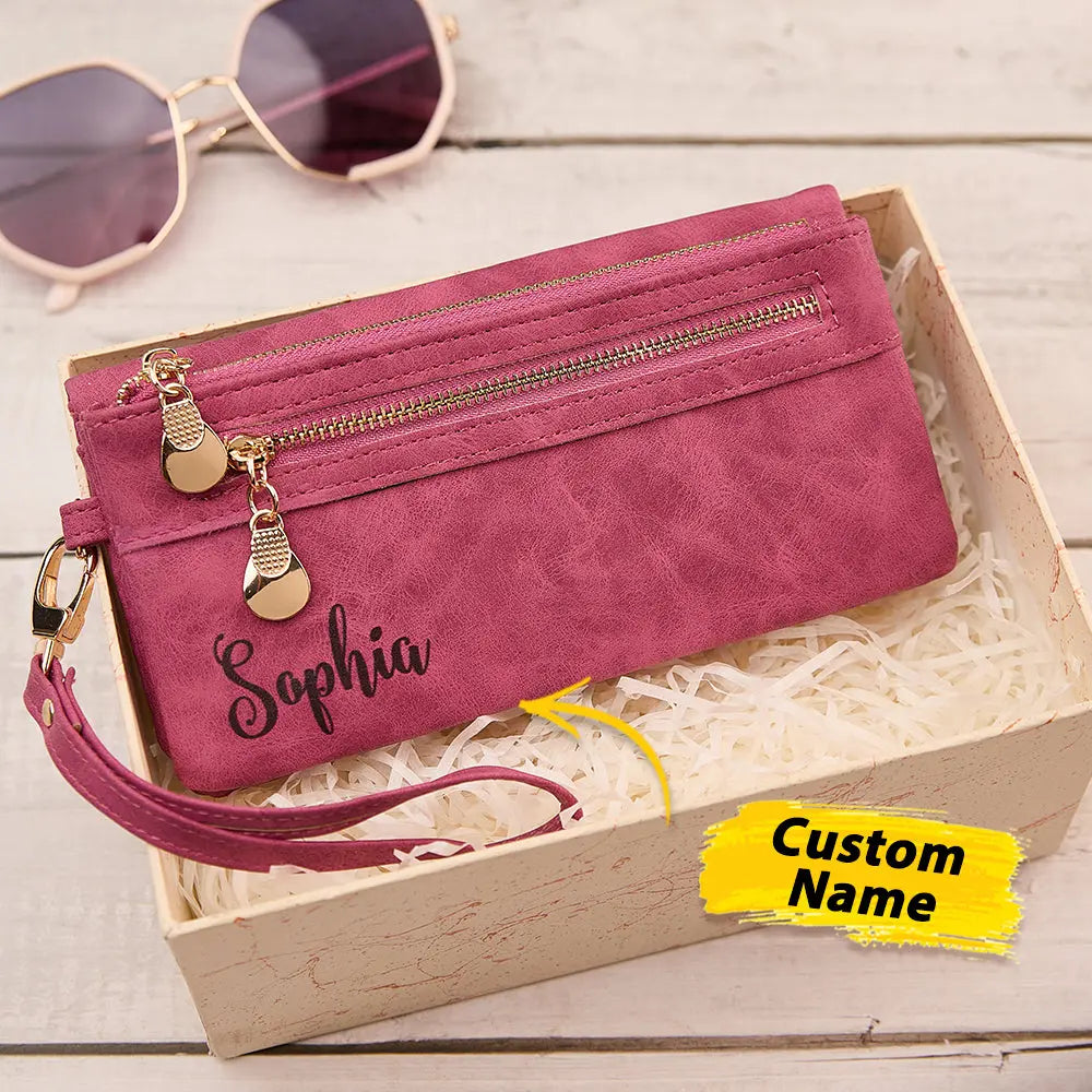 Personalised Leather Wallet with Wristlet - Custom Text Engraved Gift for Women