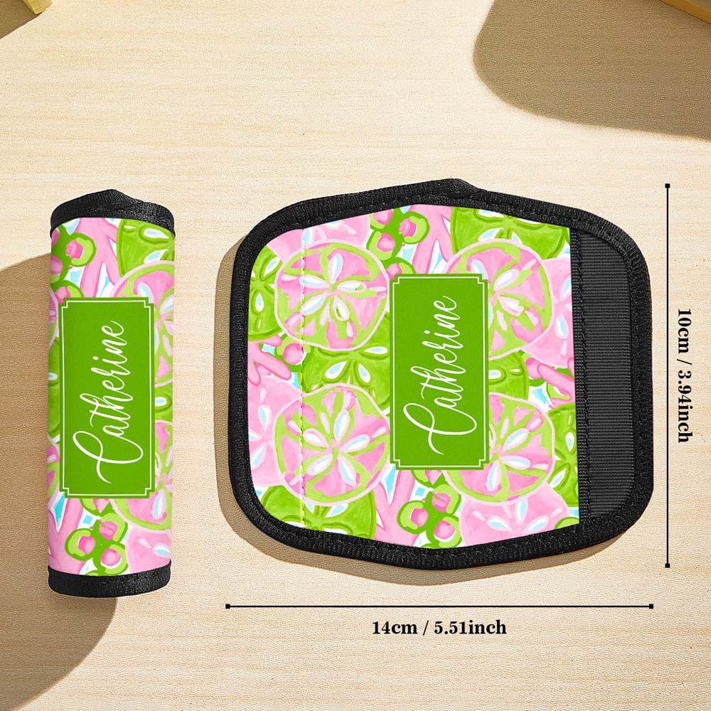 Example showing personalised text and photo print quality on neoprene luggage handle wrap — high-resolution customisation recommended