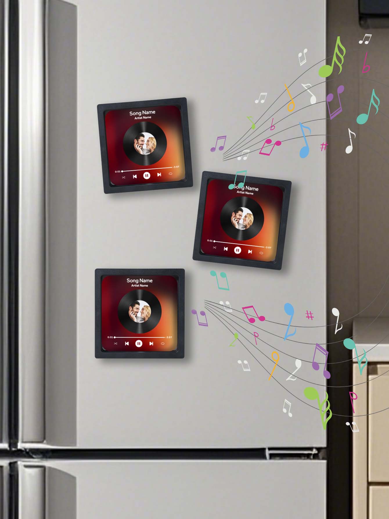 Personalised Photo Vinyl Record Fridge Magnet showing couple photo with vinyl-look centre and custom song title ideal personalised music memory gift